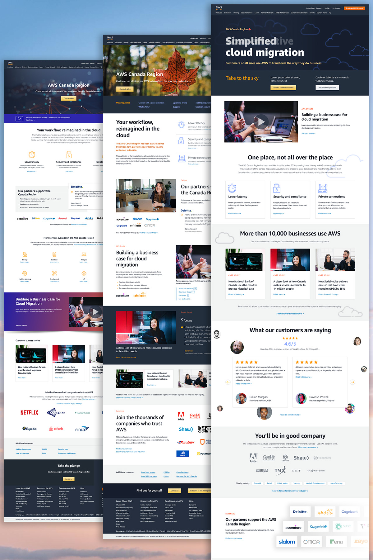 Three different approaches to redesigning the AWS Canada homepage.