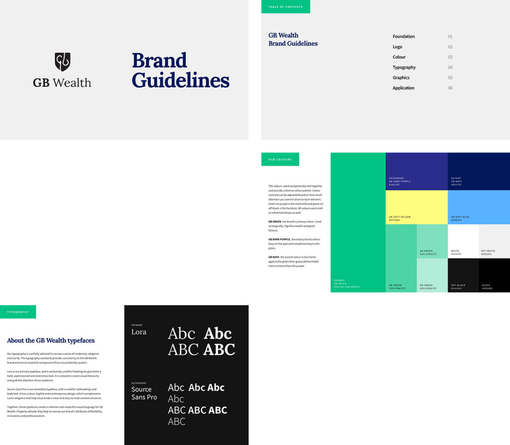 GB Wealth brand guidelines document pages